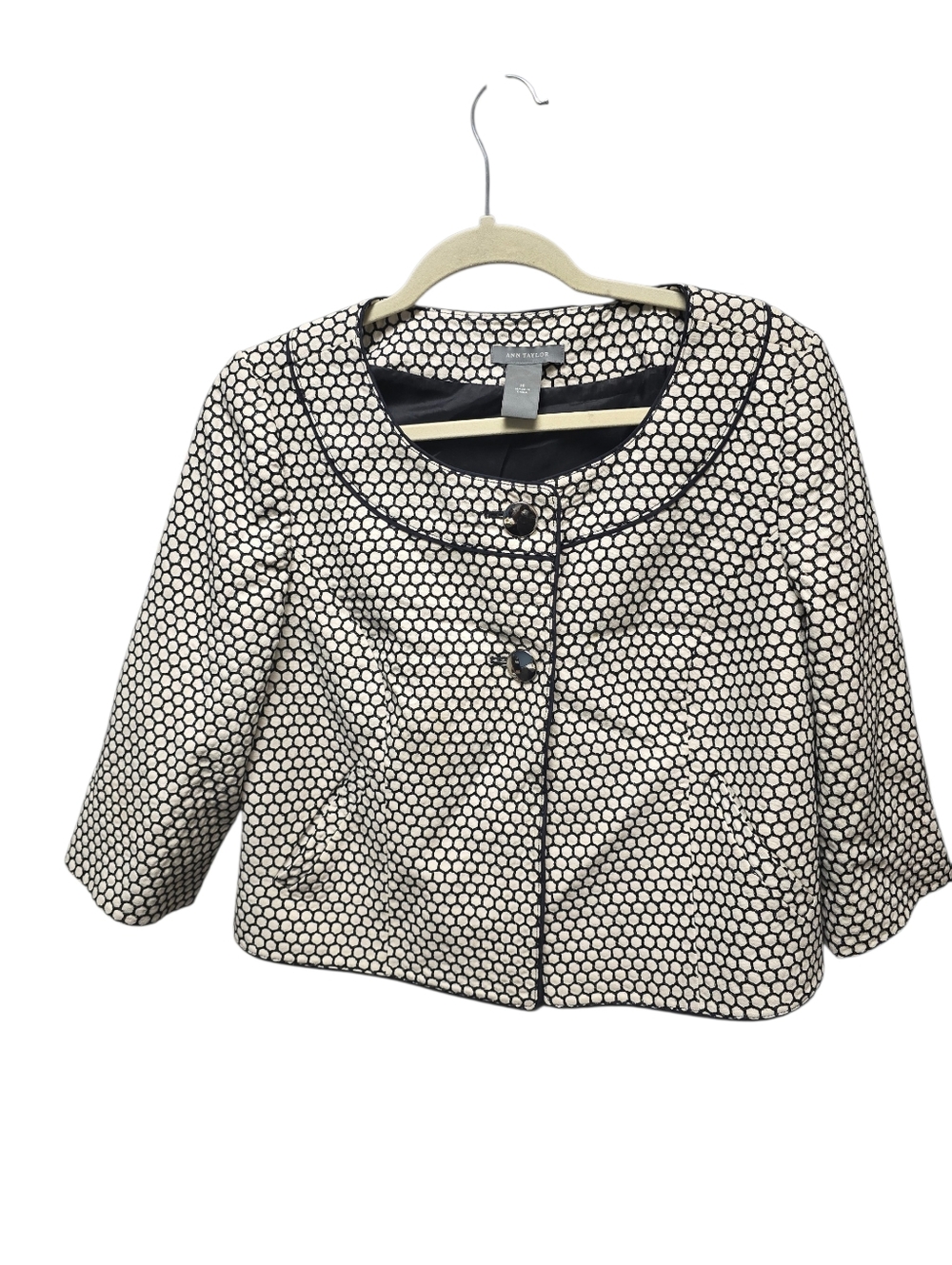 Ann Taylor Cream/Black Honeycomb Pattern Cropped 3/4 Sleeve Silk Blazer Sz .